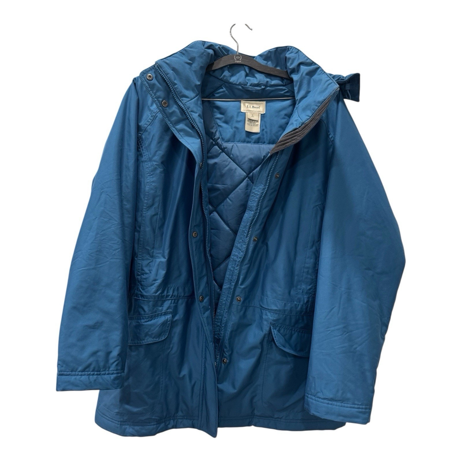 Ll Bean Womens Thinsulate Parka Jacket L Blue Hooded Quilted Lined (0028)